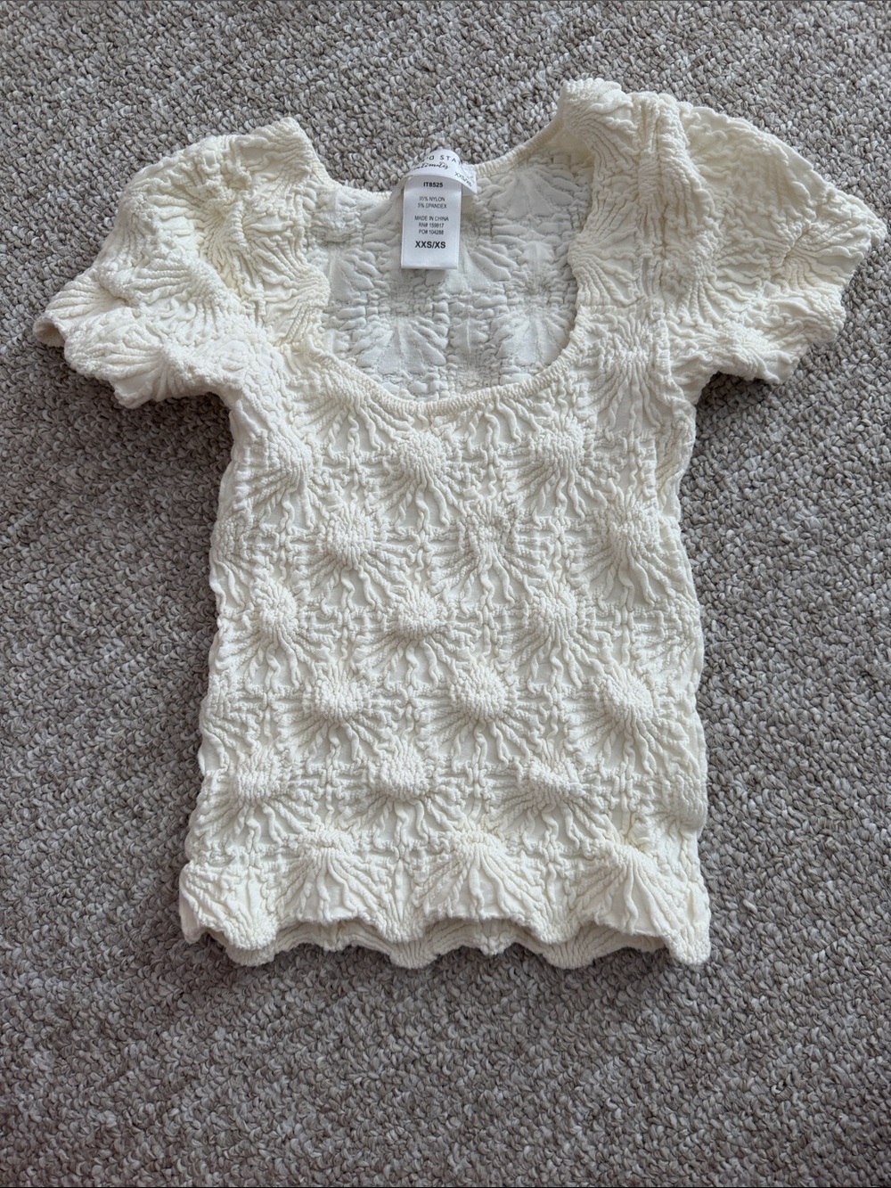 White Textured Puff Sleeve Scoop Neck Top